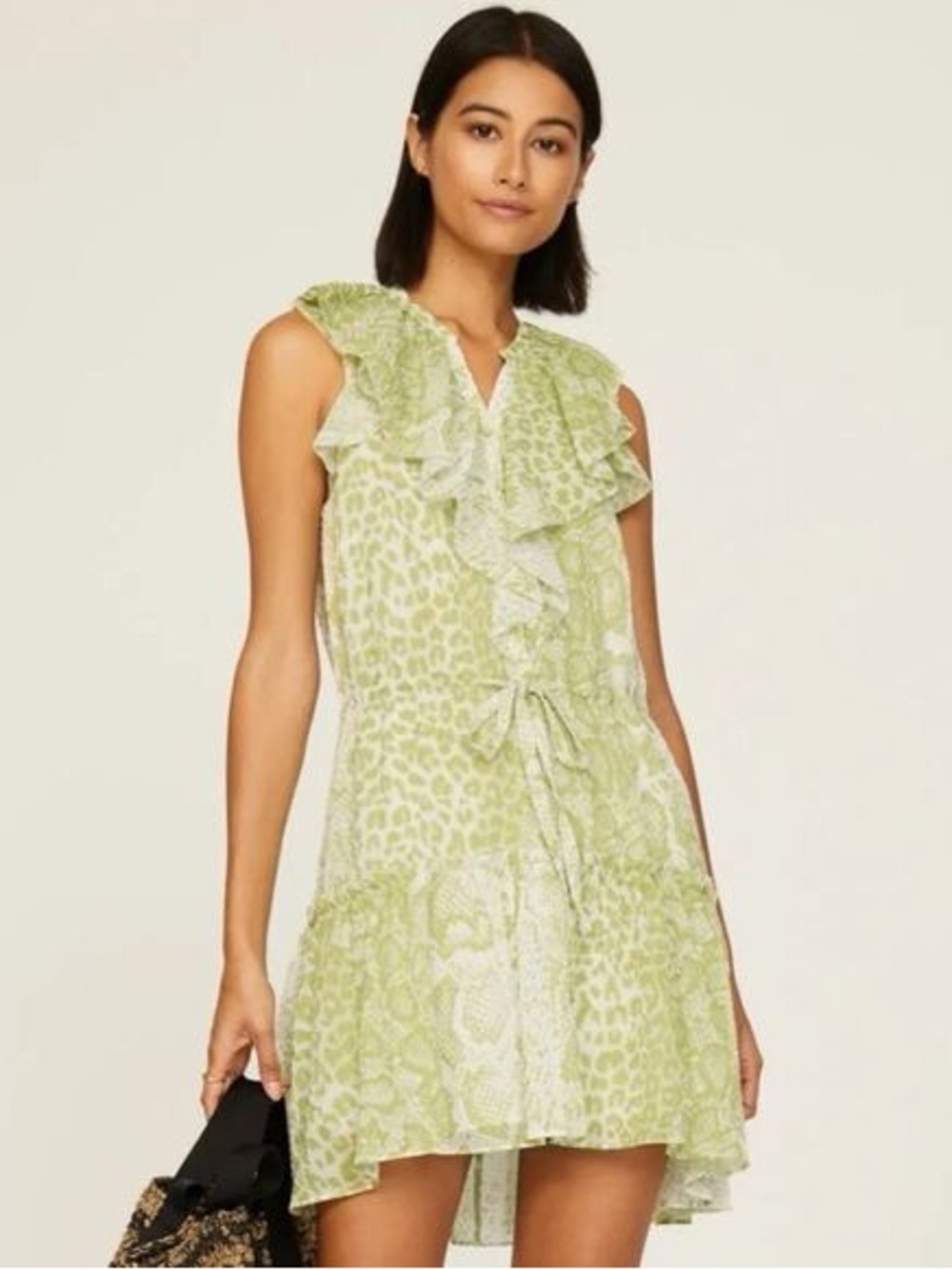 All Saints Light Green Ruffle Tie-Waist Mini Dress
